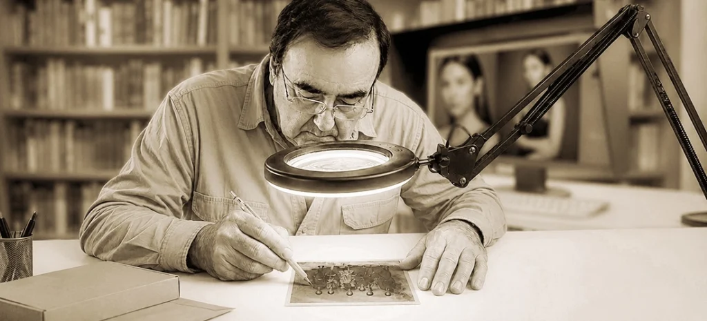Plano medio en tono sepia de un hombre trabajando minuciosamente en la restauración de una fotografía antigua sobre su mesa de trabajo.