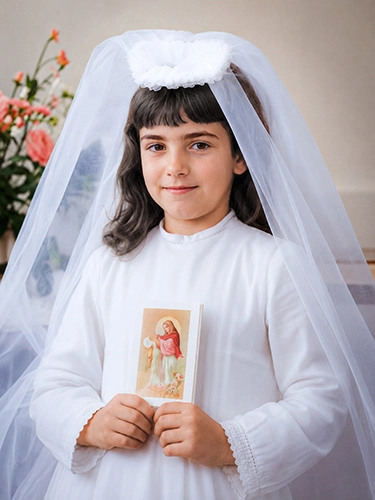 Fotografía restaurada a color de una niña vestida de primera comunión con un velo blanco largo.