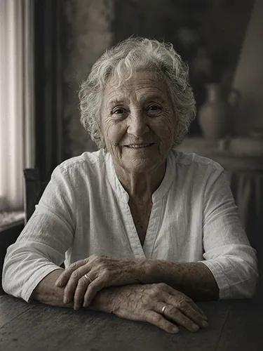 Retrato de una mujer mayor sonriente con camisa clara y brazos apoyados en una mesa rústica.